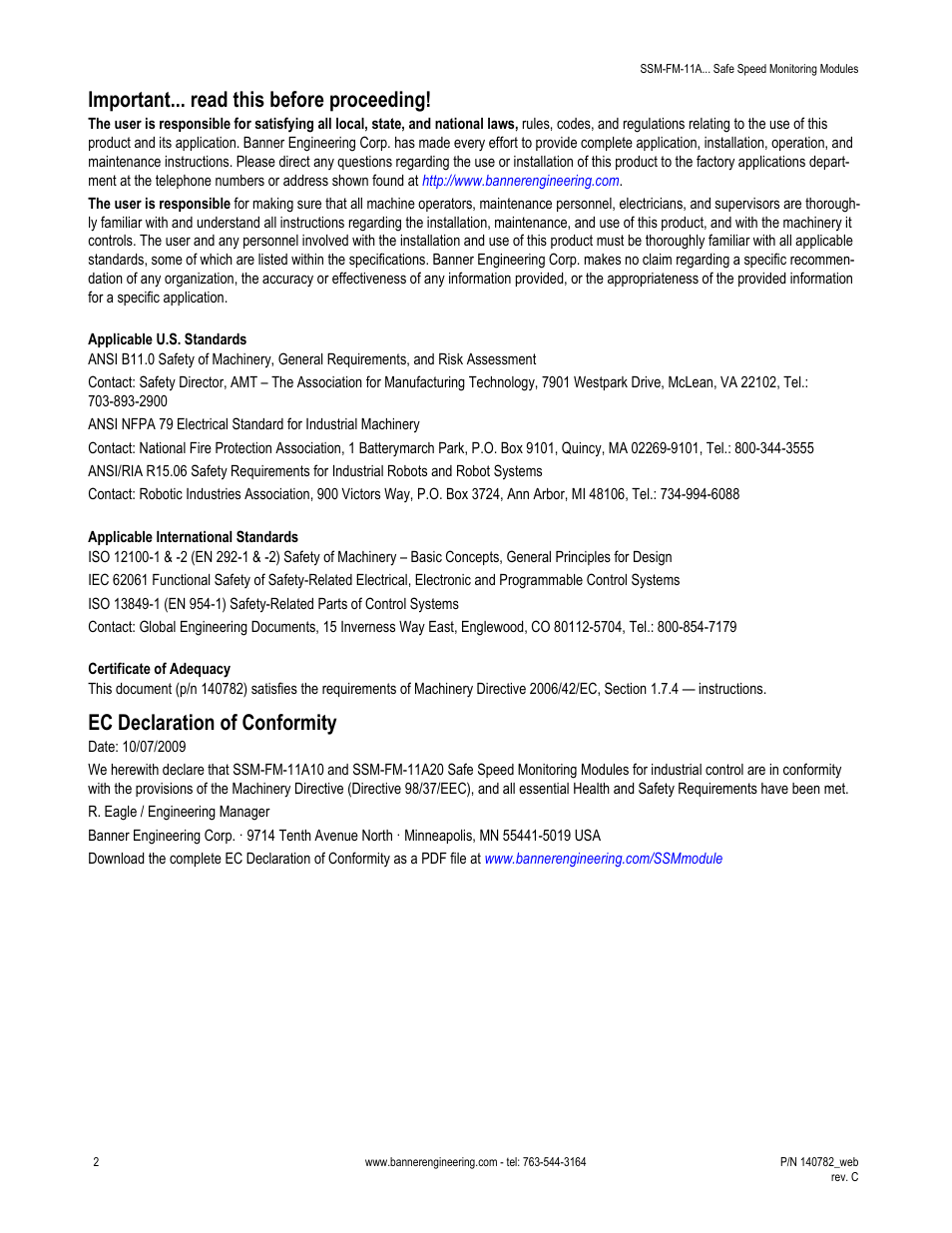 Important... read this before proceeding, Ec declaration of conformity | Banner Safe Speed Monitoring Modules User Manual | Page 2 / 15