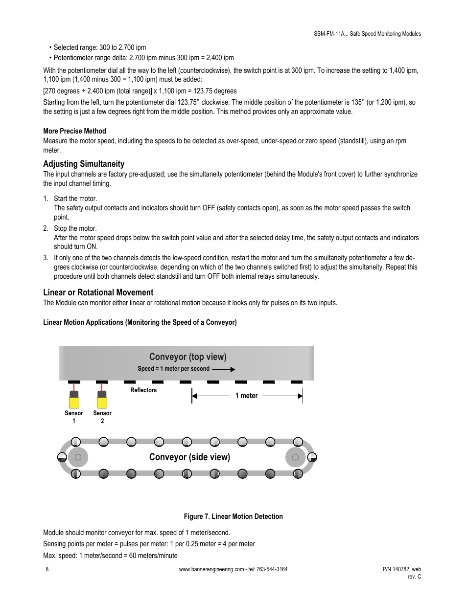 Conveyor (top view), Conveyor (side view), Adjusting simultaneity | Linear or rotational movement | Banner Safe Speed Monitoring Modules User Manual | Page 8 / 15