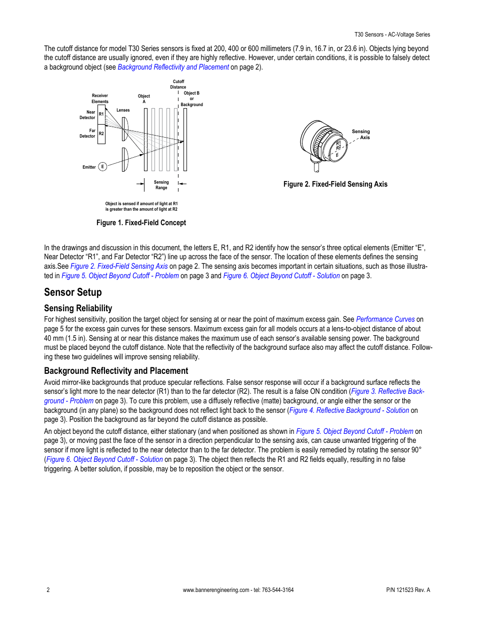 Sensor setup, Sensing reliability, Background reflectivity and placement | Banner T30 Series User Manual | Page 2 / 8