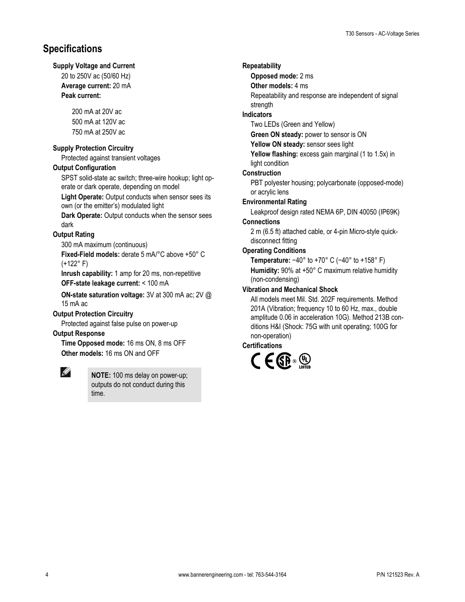 Specifications | Banner T30 Series User Manual | Page 4 / 8