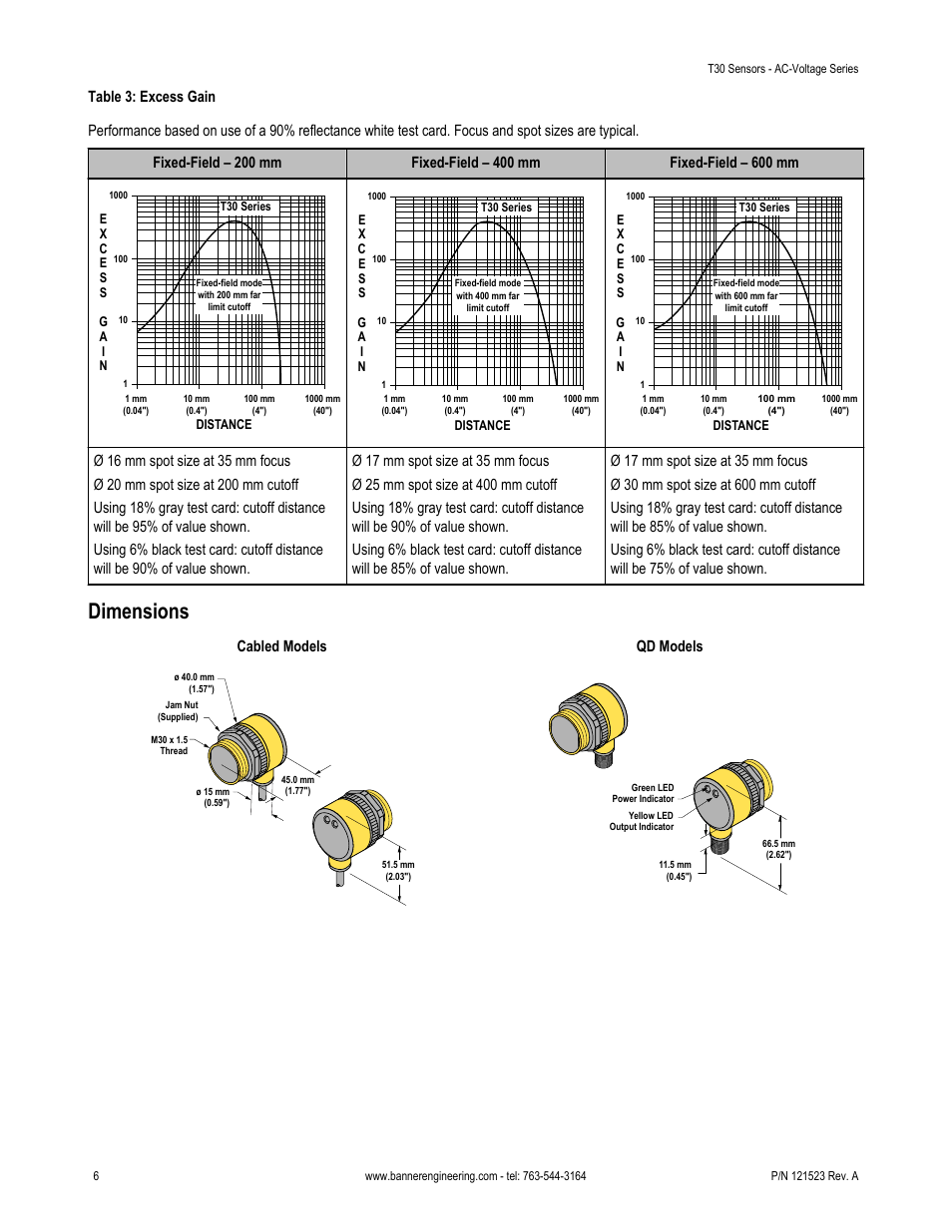 Dimensions, Cabled models, Qd models | Banner T30 Series User Manual | Page 6 / 8