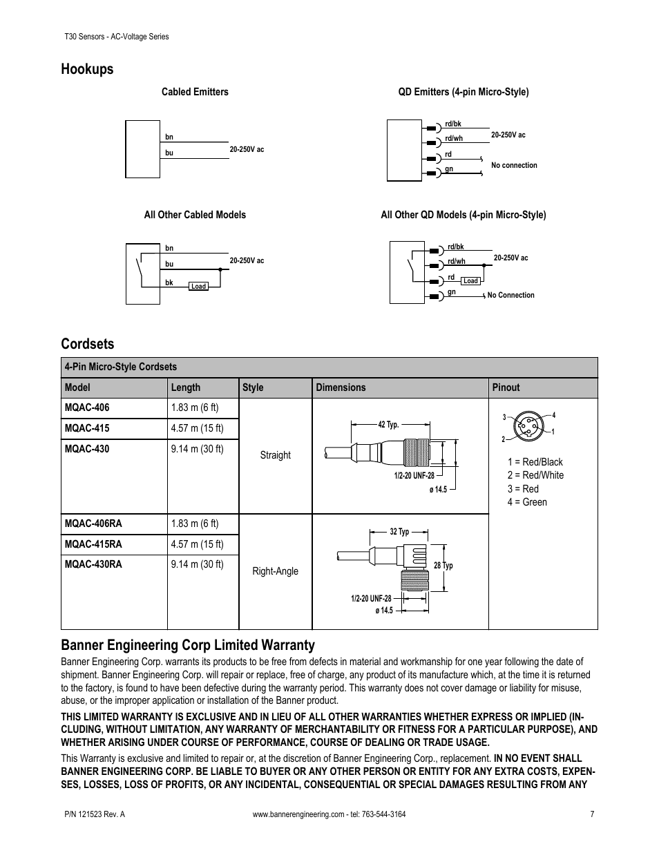 Hookups, Cordsets, Banner engineering corp limited warranty | Banner T30 Series User Manual | Page 7 / 8