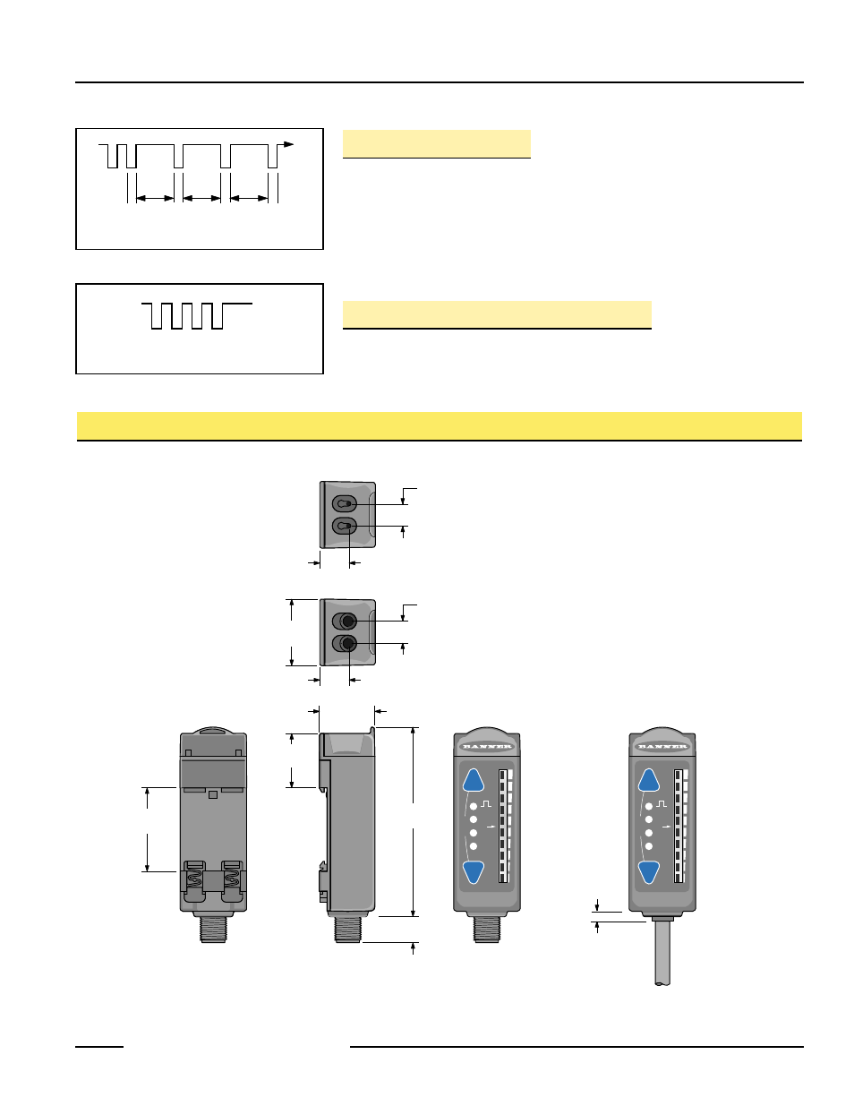 R55f series fiber-optic color mark sensors, Remote setup mode, Locking out (disabling) the push buttons | R55f series sensor dimensions, Figure 8. setup mode, Figure 9. push button lockout | Banner R55F Fiber Optic Series User Manual | Page 9 / 12