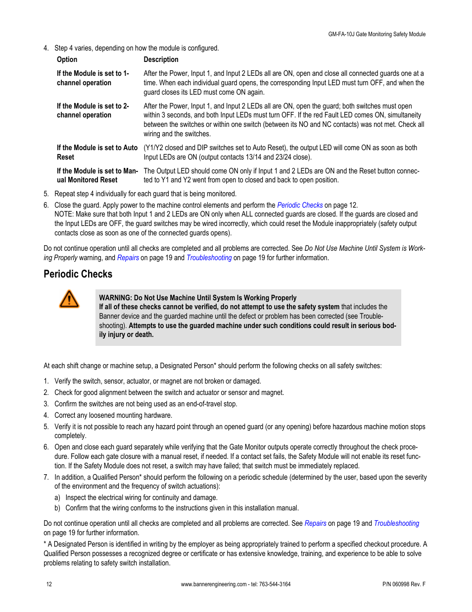 Periodic checks | Banner ES-FA-6G Safety Module User Manual | Page 12 / 22