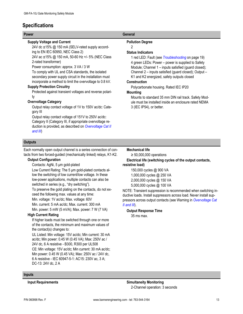 Specifications | Banner ES-FA-6G Safety Module User Manual | Page 13 / 22