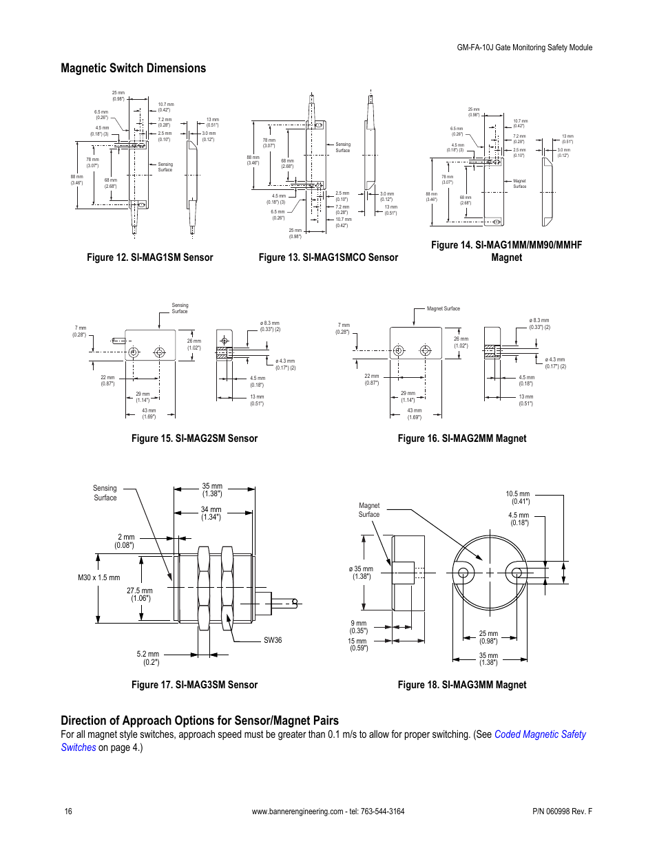 Cable opposite see, Figure 13. si-mag1smco sensor, Sensor accept m4 (#6) hardware (see | Magnetic switch, Dimensions, Magnetic switch dimensions, Figure 12. si-mag1sm sensor, Figure 15. si-mag2sm sensor, Figure 16. si-mag2mm magnet, Figure 17. si-mag3sm sensor | Banner ES-FA-6G Safety Module User Manual | Page 16 / 22