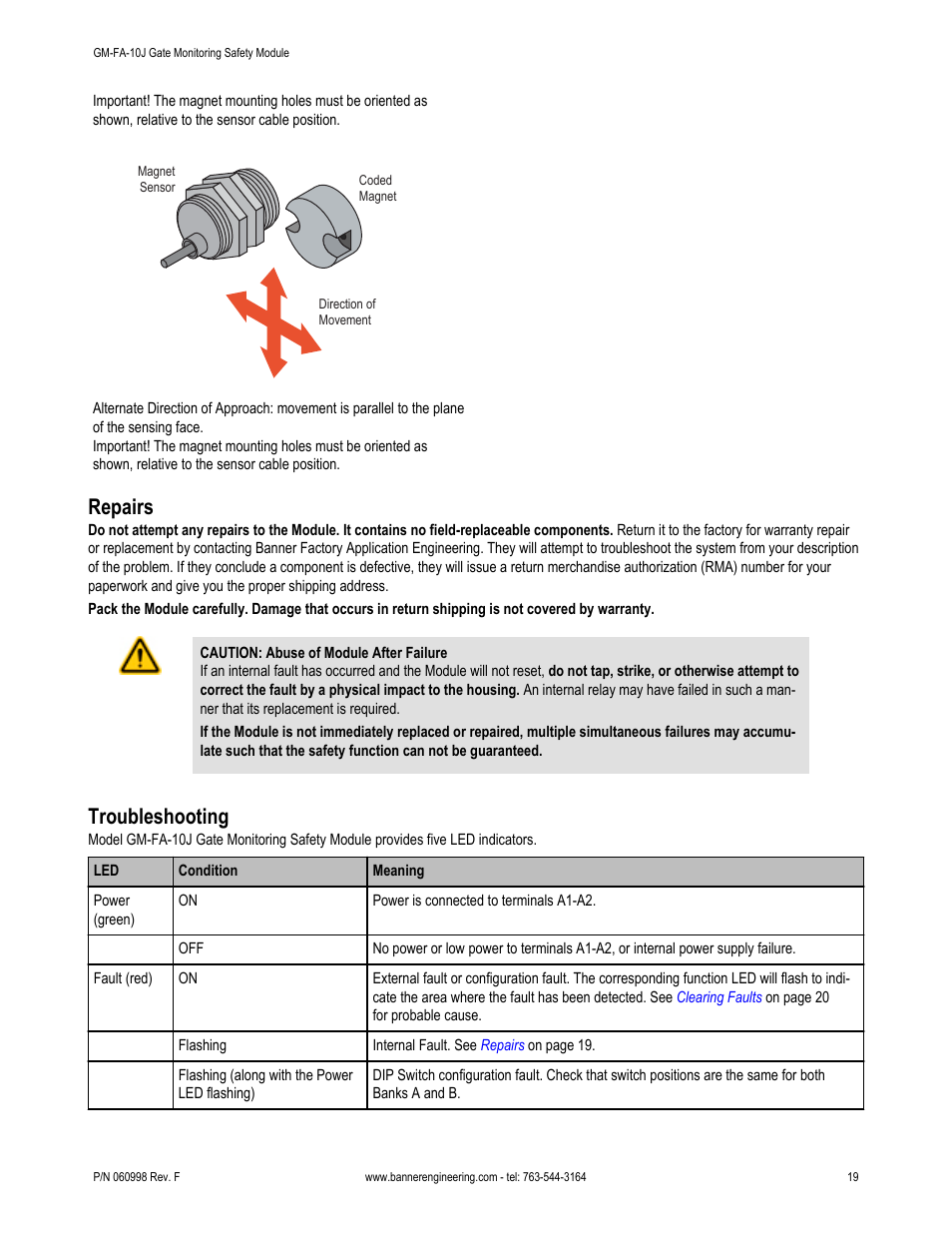 Repairs, Troubleshooting, 1 red led: fault (see | Banner ES-FA-6G Safety Module User Manual | Page 19 / 22