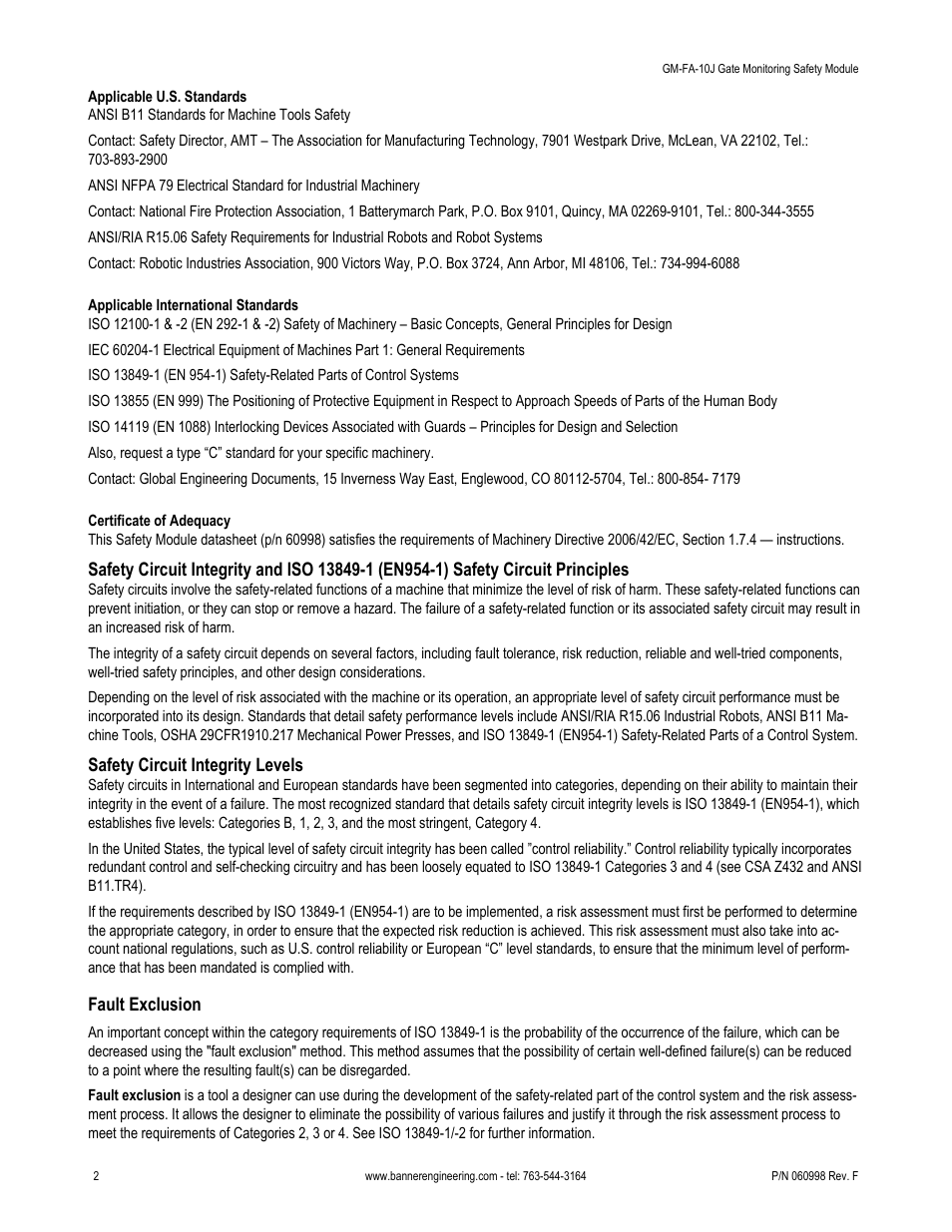 Safety circuit integrity levels, Fault exclusion | Banner ES-FA-6G Safety Module User Manual | Page 2 / 22