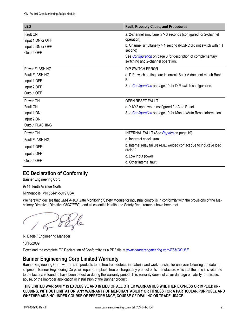 Ec declaration of conformity, Banner engineering corp limited warranty | Banner ES-FA-6G Safety Module User Manual | Page 21 / 22