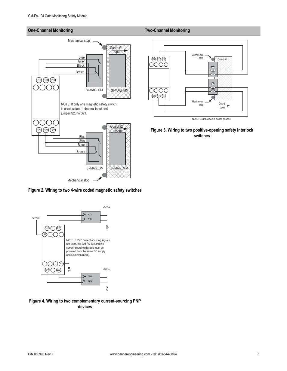 Figure 4. wiring to two complementary current, Sourcing pnp devices, One-channel monitoring two-channel monitoring | Banner ES-FA-6G Safety Module User Manual | Page 7 / 22