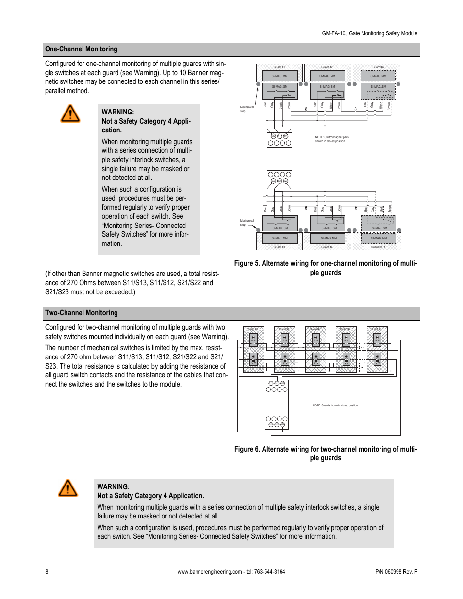 Figure 6. alternate wiring for, Two-channel monitoring of multiple guards, Guards | Figure 6. alternate wiring for two-channel, Monitoring of multiple guards, Figure 5. alternate | Banner ES-FA-6G Safety Module User Manual | Page 8 / 22