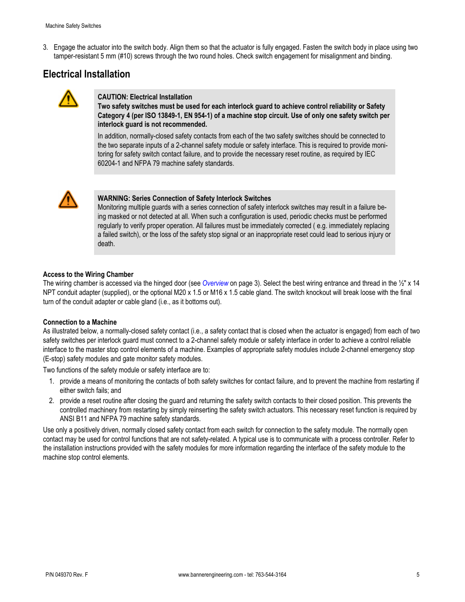 Electrical installation | Banner Compact Plastic Style Safety Interlock Switches User Manual | Page 5 / 10