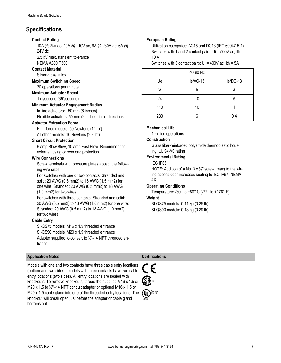 Specifications | Banner Compact Plastic Style Safety Interlock Switches User Manual | Page 7 / 10