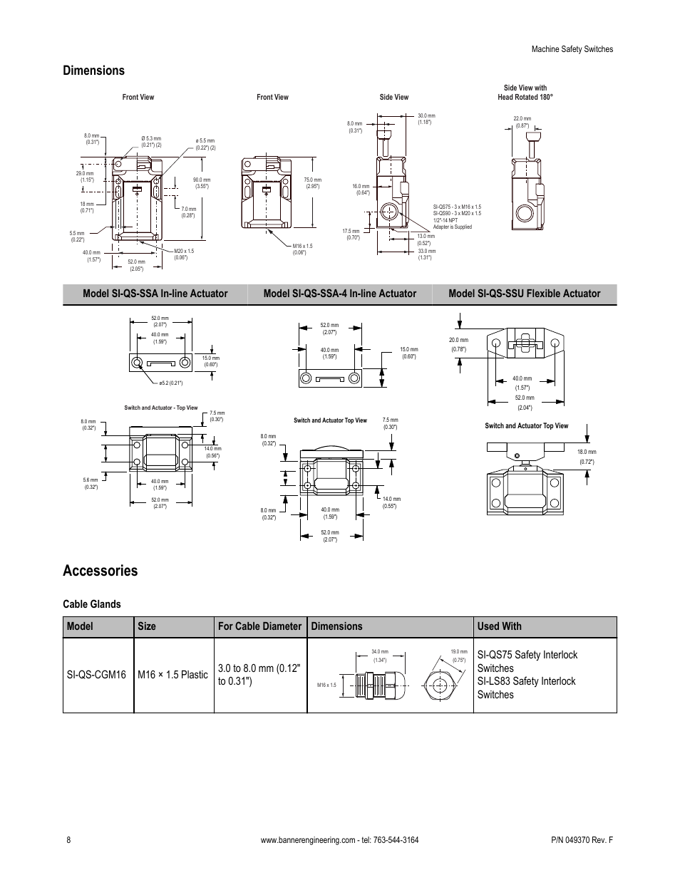 Accessories, Dimensions | Banner Compact Plastic Style Safety Interlock Switches User Manual | Page 8 / 10