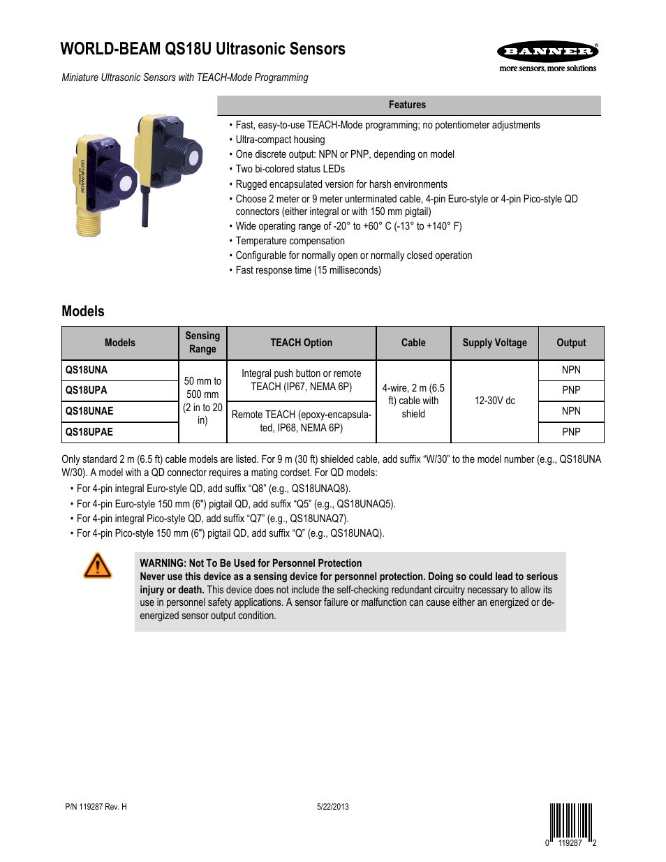 Banner WORLD-BEAM QS18 Ultrasonic Sensors User Manual | 10 pages