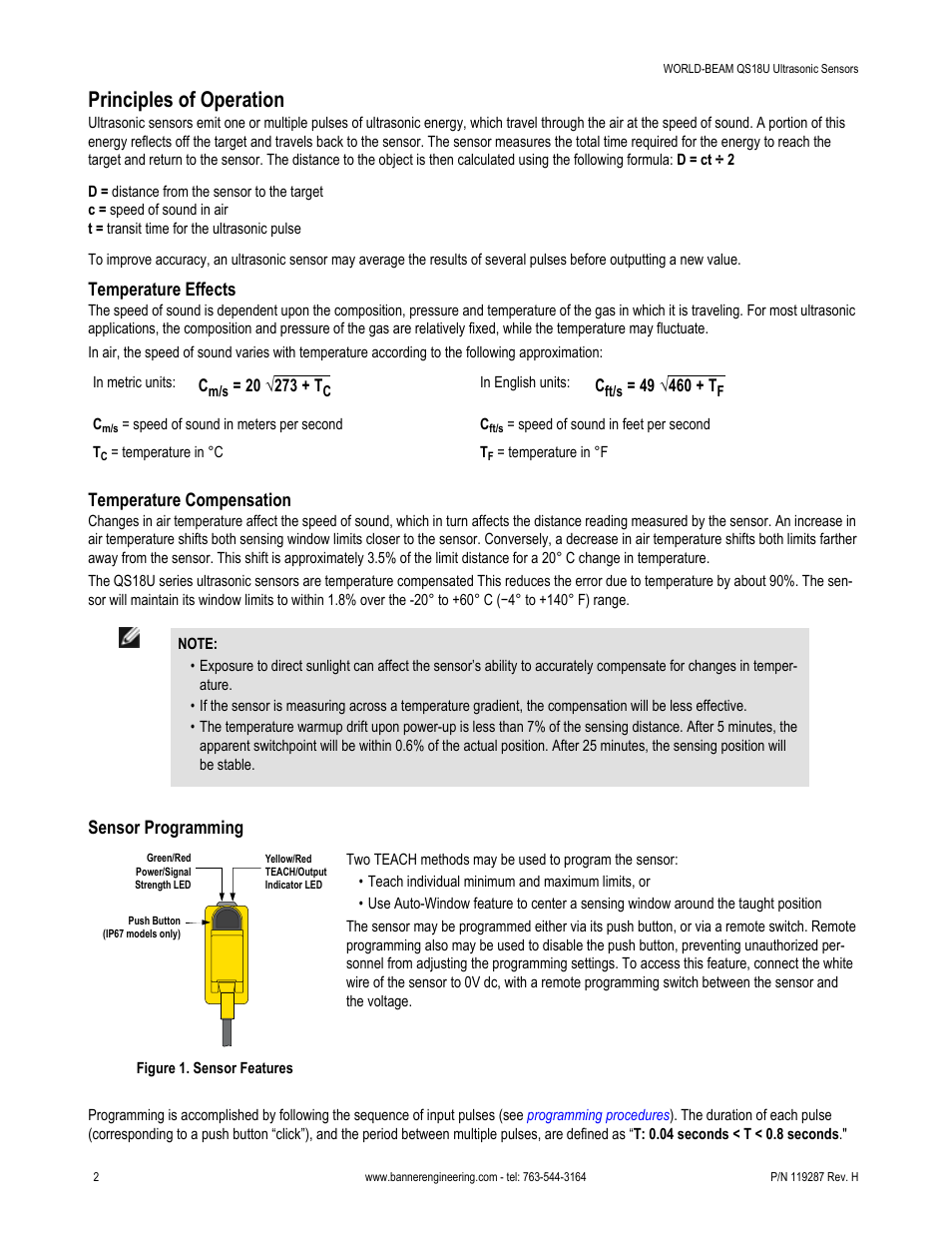 Principles of operation, Temperature effects, Temperature compensation | Sensor programming | Banner WORLD-BEAM QS18 Ultrasonic Sensors User Manual | Page 2 / 10