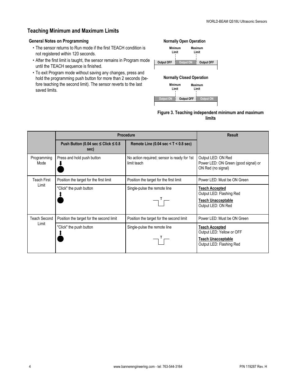 Teaching minimum and maximum limits | Banner WORLD-BEAM QS18 Ultrasonic Sensors User Manual | Page 4 / 10