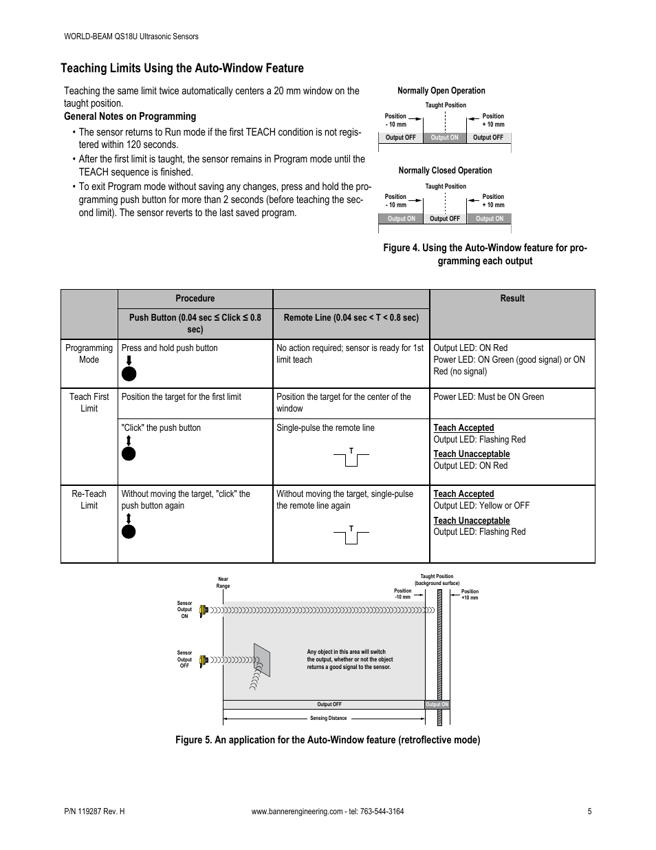 Teaching limits using the auto-window feature | Banner WORLD-BEAM QS18 Ultrasonic Sensors User Manual | Page 5 / 10