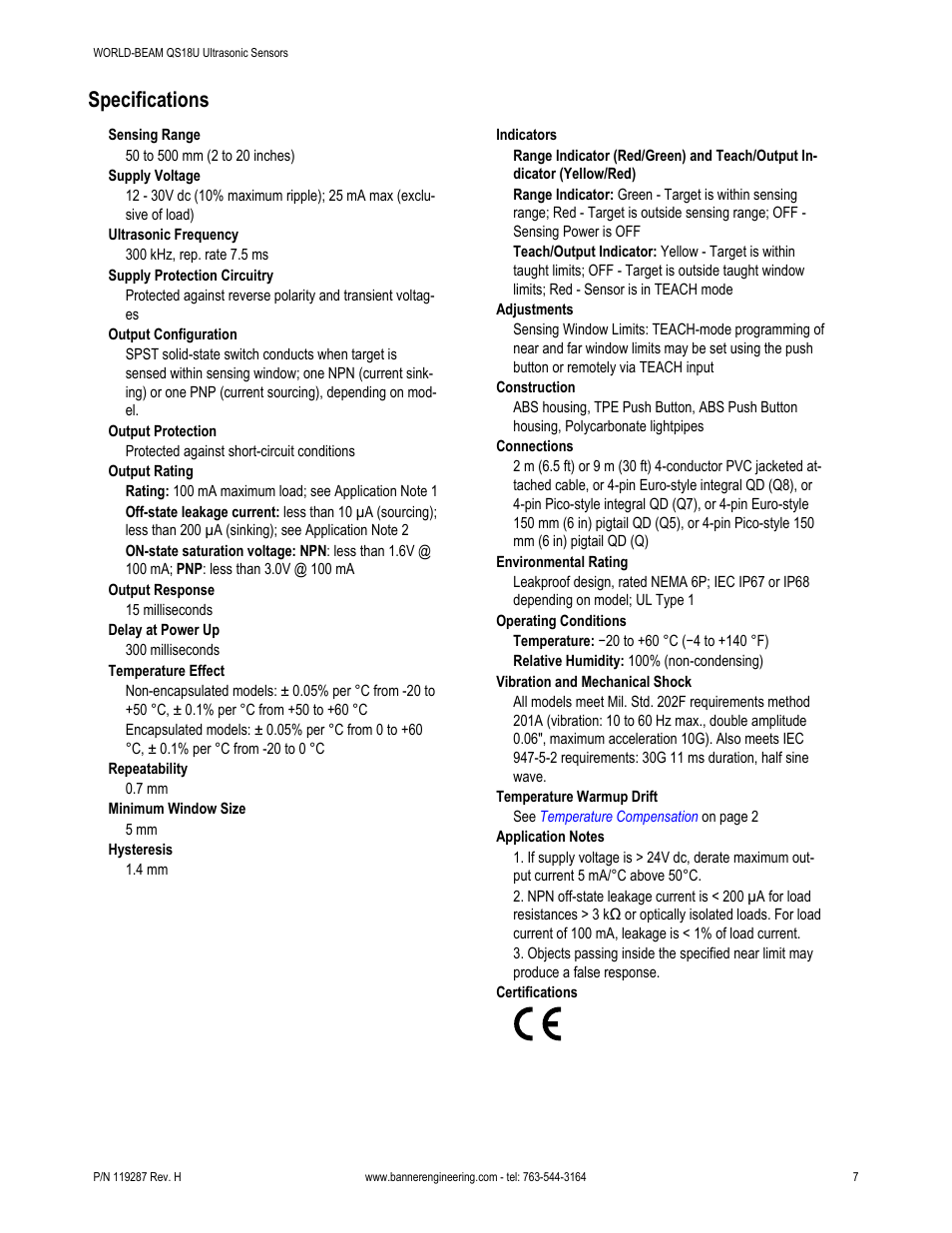 Specifications | Banner WORLD-BEAM QS18 Ultrasonic Sensors User Manual | Page 7 / 10