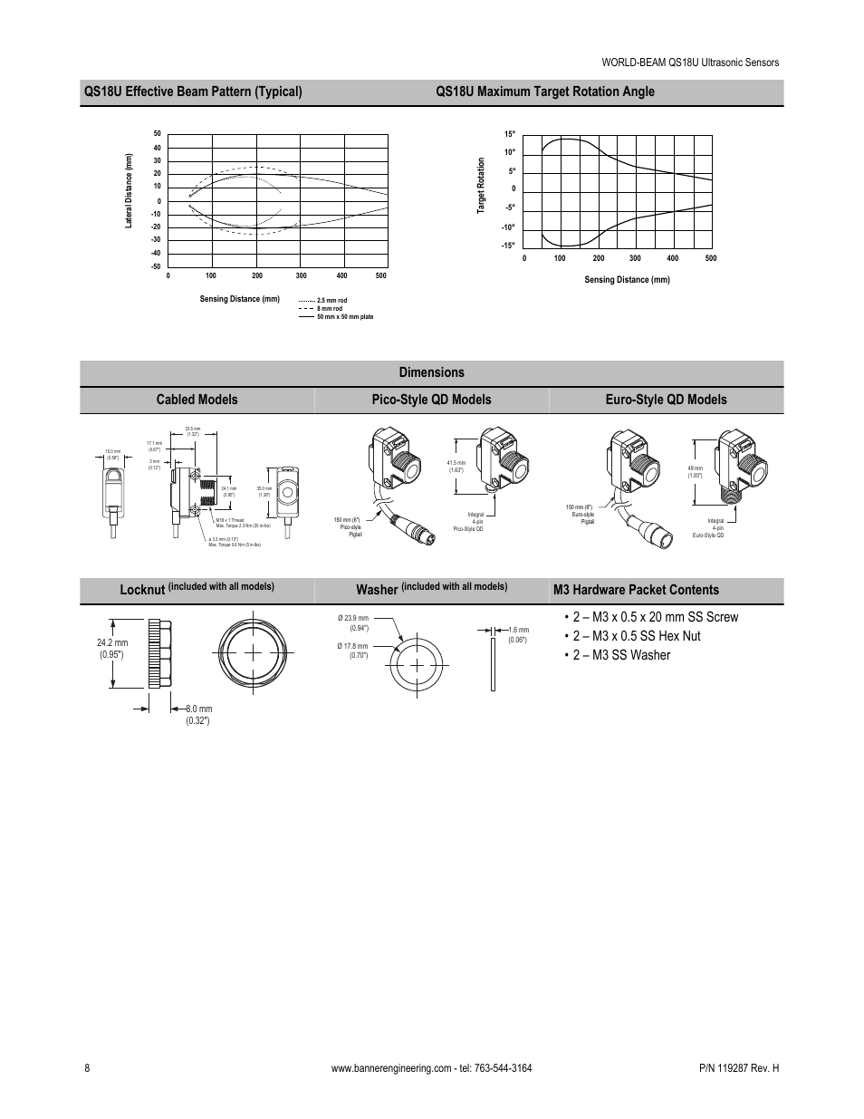 Locknut, Washer, M3 hardware packet contents | Banner WORLD-BEAM QS18 Ultrasonic Sensors User Manual | Page 8 / 10