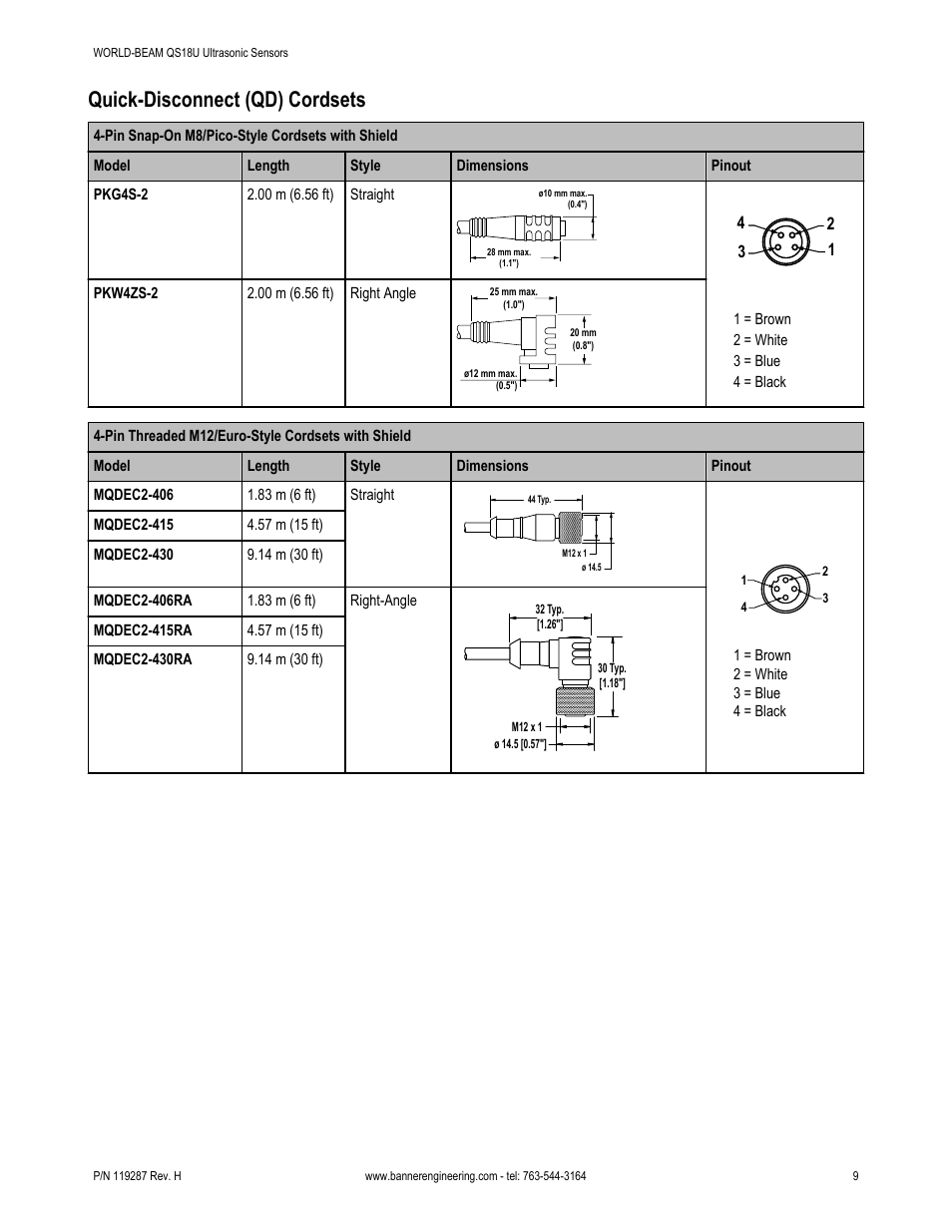 Quick-disconnect (qd) cordsets | Banner WORLD-BEAM QS18 Ultrasonic Sensors User Manual | Page 9 / 10