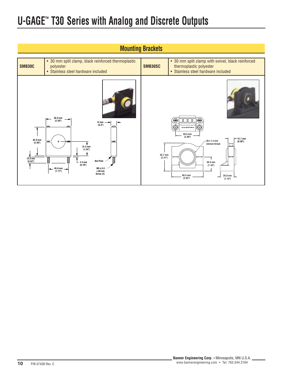 U-gage, T30 series with analog and discrete outputs, Mounting brackets | Banner U-GAGE T30U—Level Control User Manual | Page 10 / 12