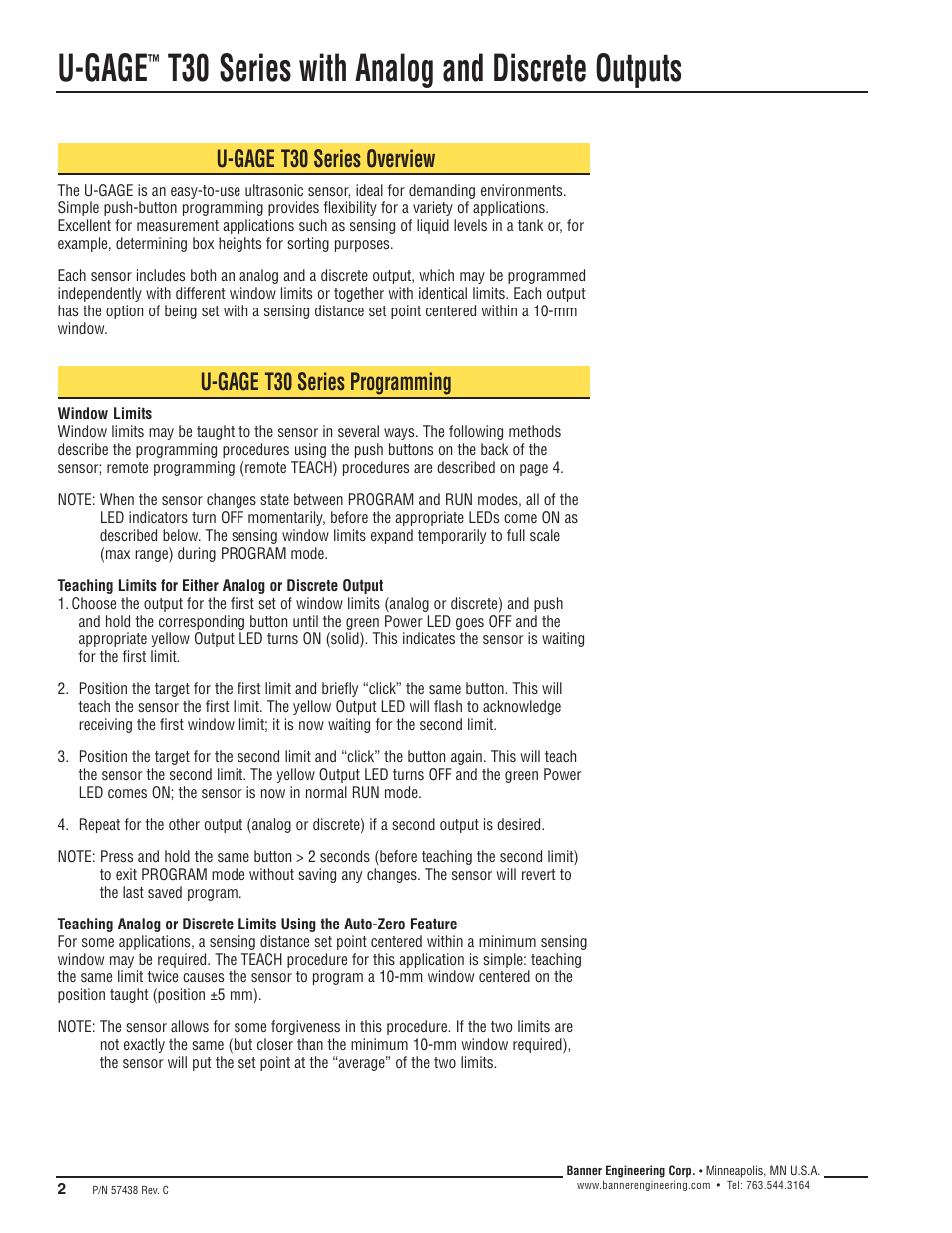 U-gage, T30 series with analog and discrete outputs, U-gage t30 series overview | U-gage t30 series programming | Banner U-GAGE T30U—Level Control User Manual | Page 2 / 12