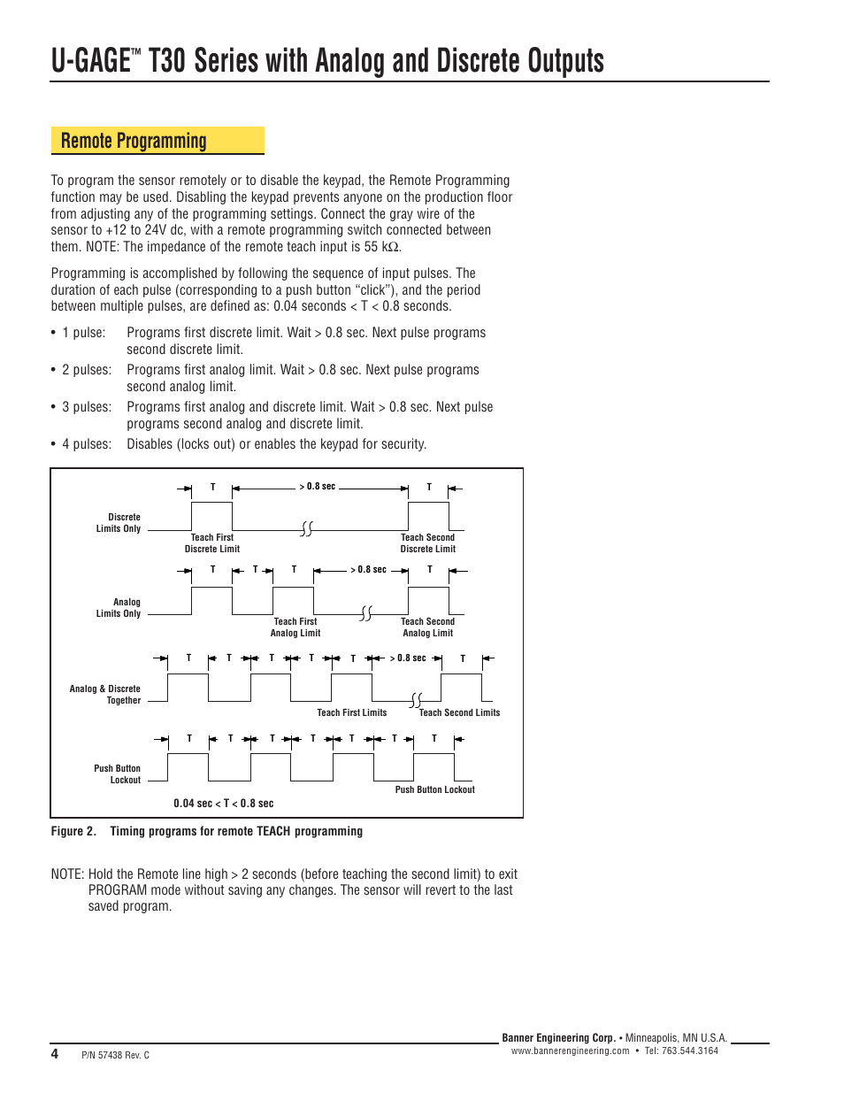 U-gage, T30 series with analog and discrete outputs, Remote programming | Banner U-GAGE T30U—Level Control User Manual | Page 4 / 12