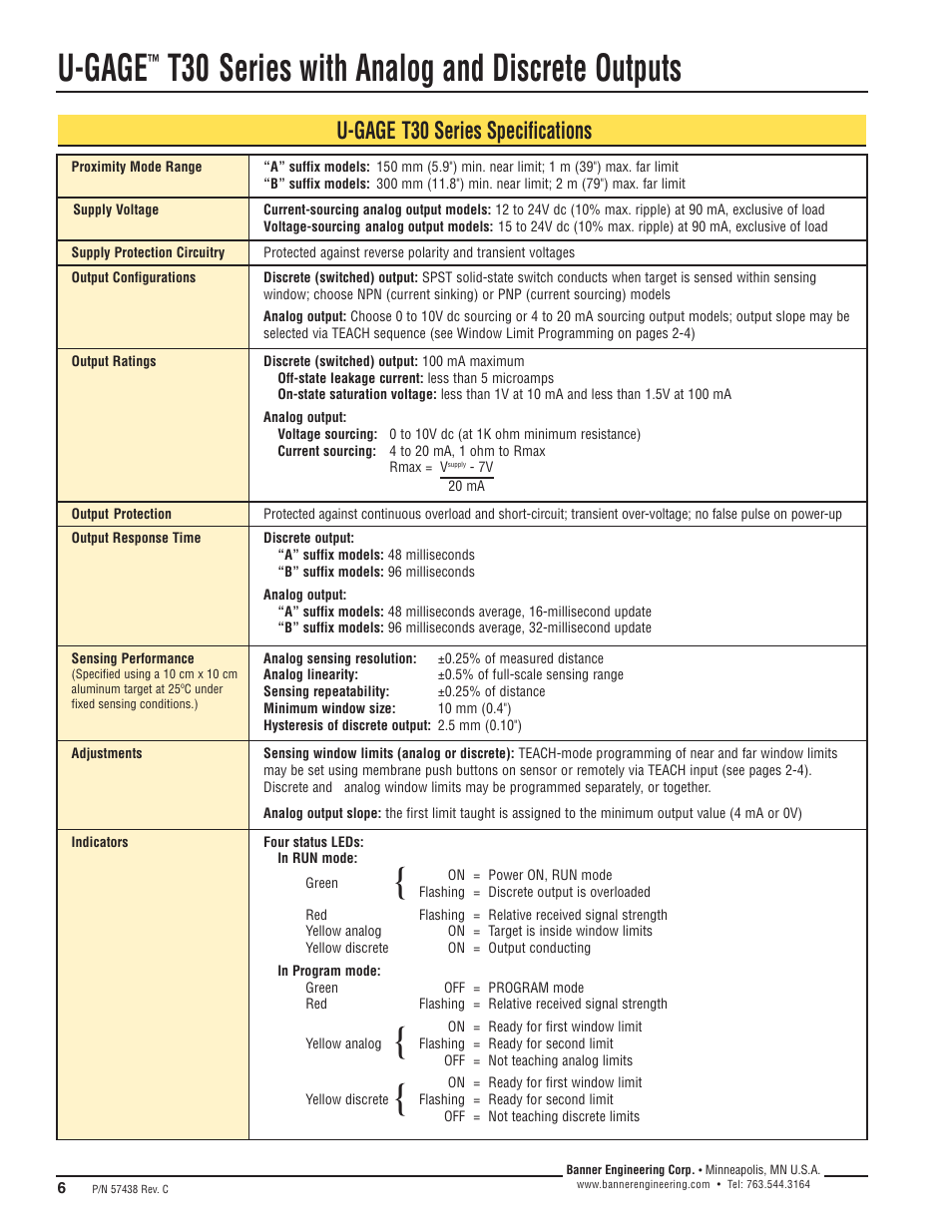 U-gage, T30 series with analog and discrete outputs, U-gage t30 series specifications | Banner U-GAGE T30U—Level Control User Manual | Page 6 / 12