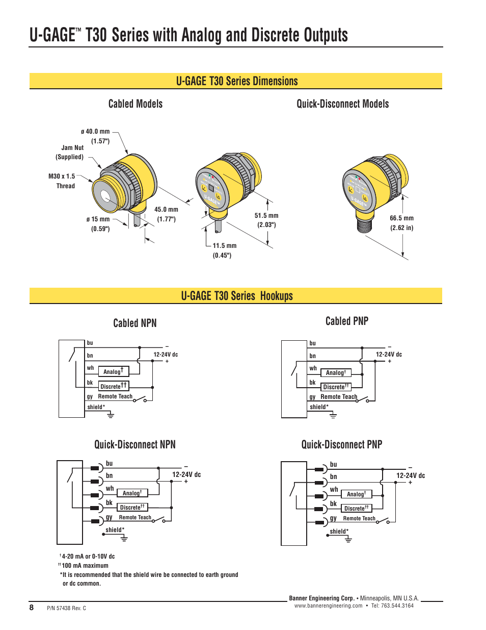 U-gage, T30 series with analog and discrete outputs, U-gage t30 series dimensions | U-gage t30 series hookups, Cabled models quick-disconnect models, Cabled npn | Banner U-GAGE T30U—Level Control User Manual | Page 8 / 12