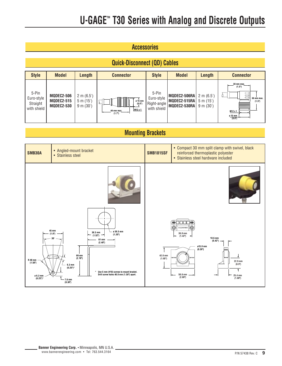 U-gage, T30 series with analog and discrete outputs, Quick-disconnect (qd) cables accessories | Mounting brackets, Style model length connector, Style model, Length connector | Banner U-GAGE T30U—Level Control User Manual | Page 9 / 12