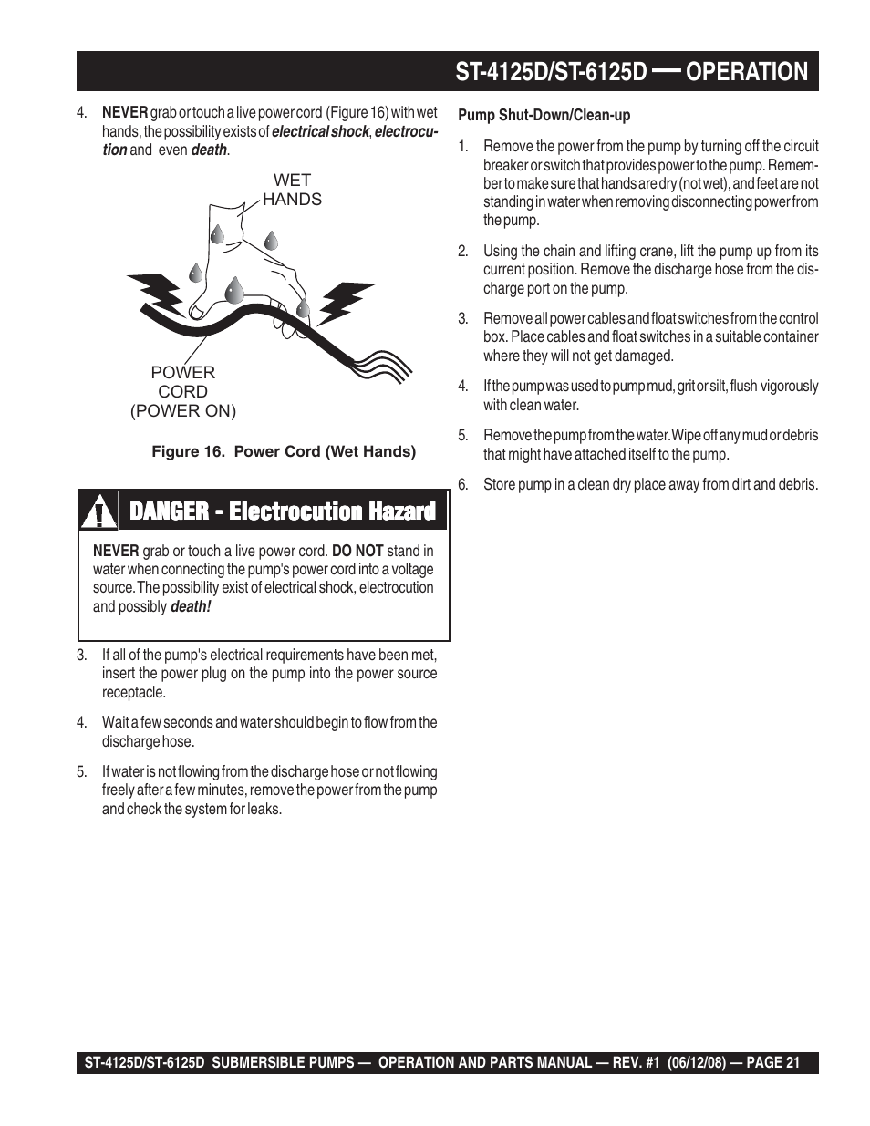 Operation, Danger - electrocution hazard | Multiquip ST4125D User Manual | Page 21 / 36