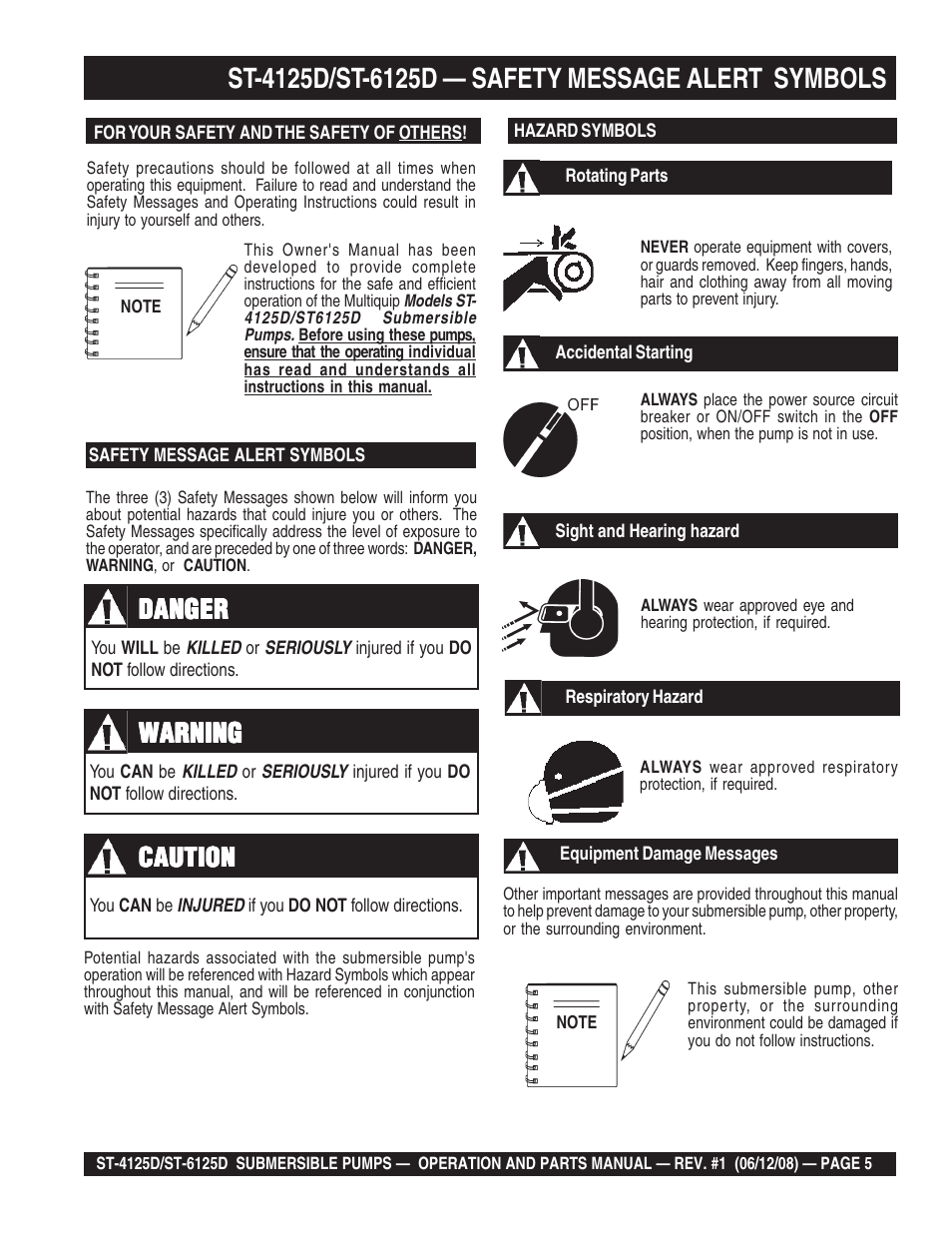 Warning, Caution, Caution danger danger danger danger danger | Multiquip ST4125D User Manual | Page 5 / 36