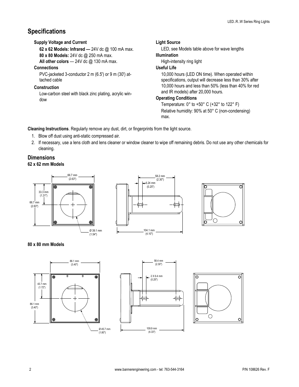 Specifications, Dimensions | Banner PresencePLUS Lighting User Manual | Page 2 / 4