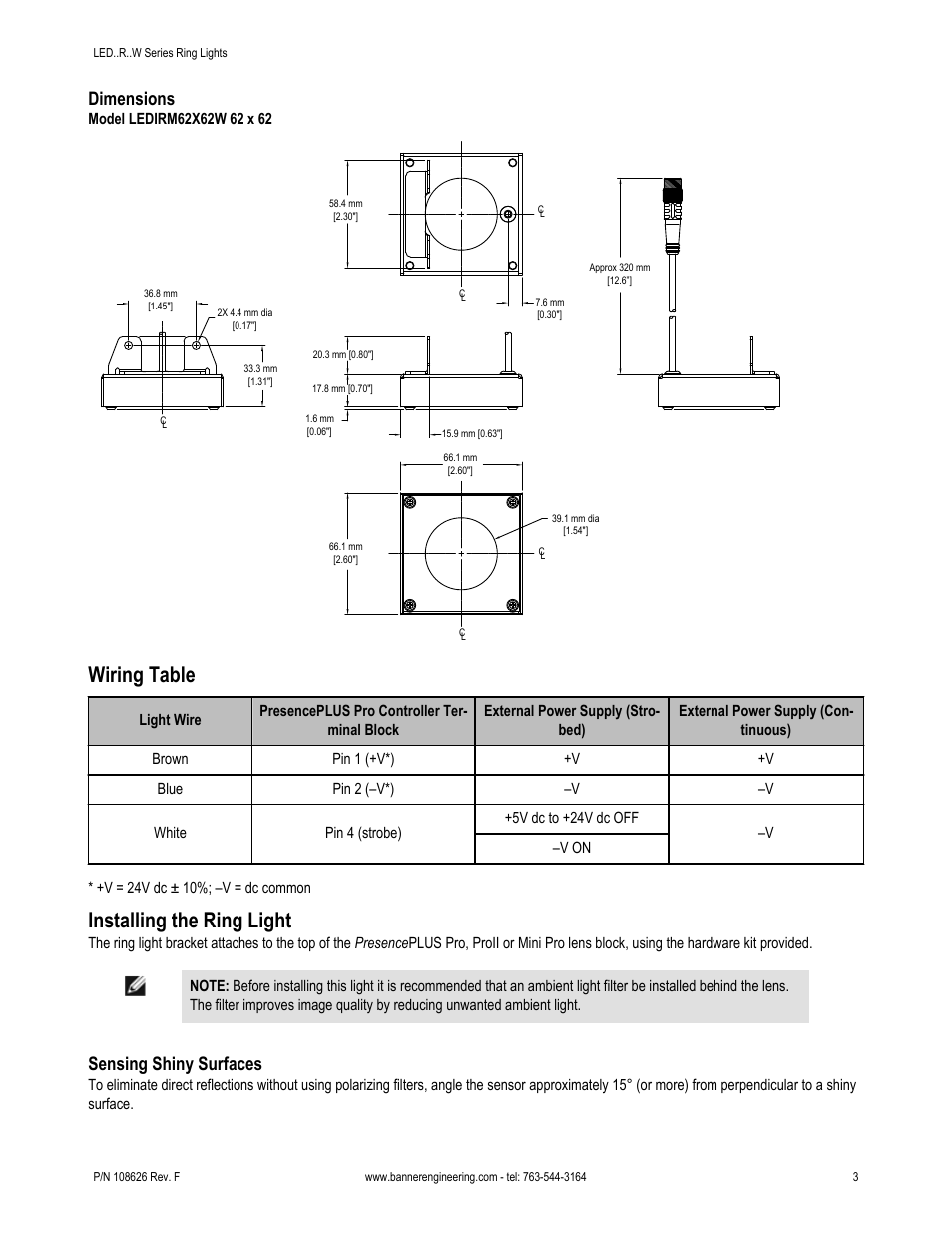 Wiring table, Installing the ring light, Dimensions | Sensing shiny surfaces | Banner PresencePLUS Lighting User Manual | Page 3 / 4