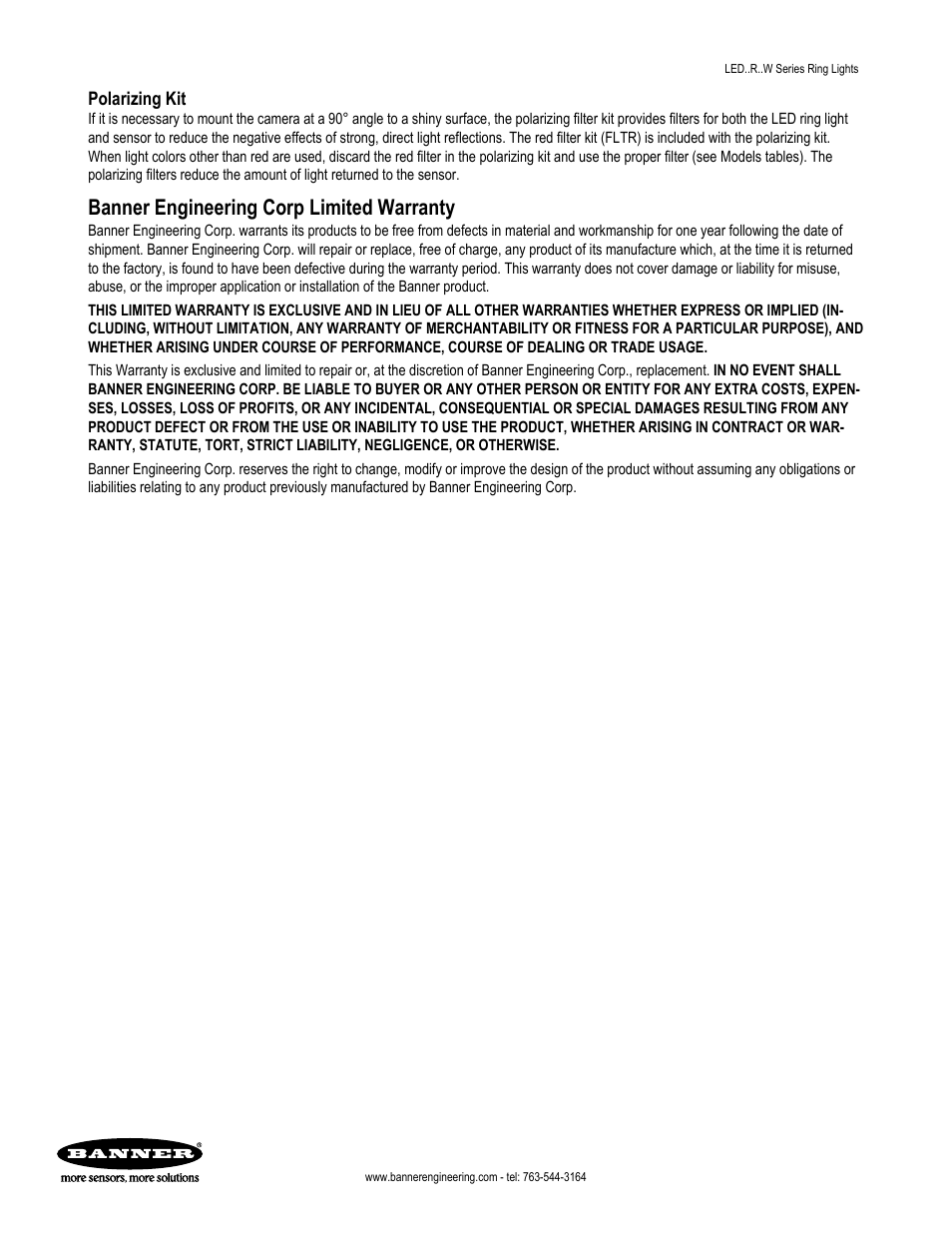 Banner engineering corp limited warranty, Polarizing kit | Banner PresencePLUS Lighting User Manual | Page 4 / 4