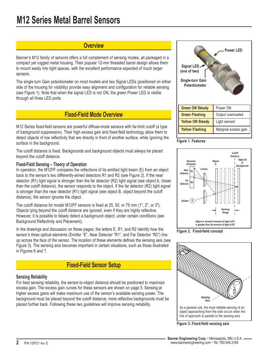 M12 series metal barrel sensors, Overview, Fixed-field mode overview | Fixed-field sensor setup, Fixed-field sensing – theory of operation, Sensing reliability | Banner M12 Series—Visible Red LED User Manual | Page 2 / 8