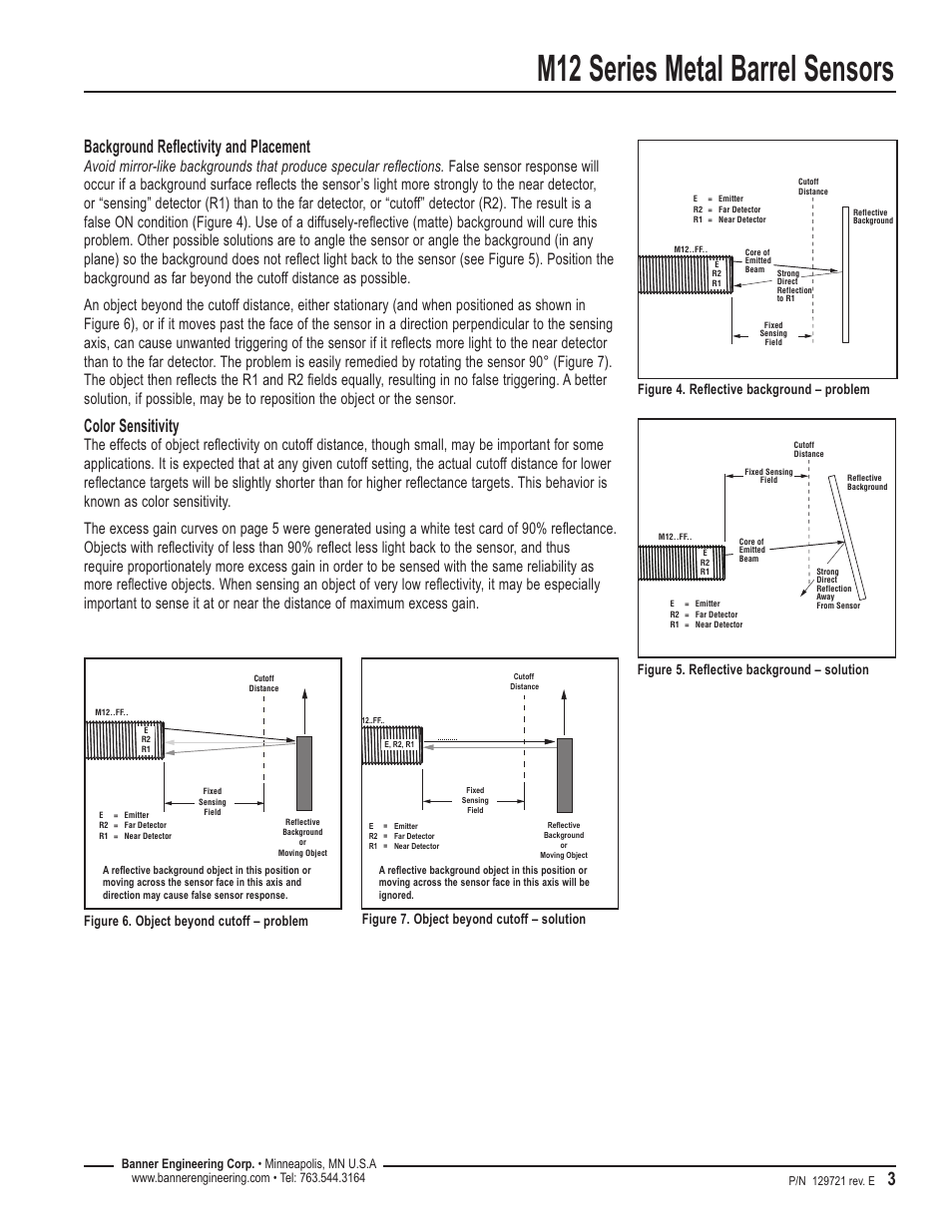 M12 series metal barrel sensors, Background reflectivity and placement, Color sensitivity | Banner M12 Series—Visible Red LED User Manual | Page 3 / 8
