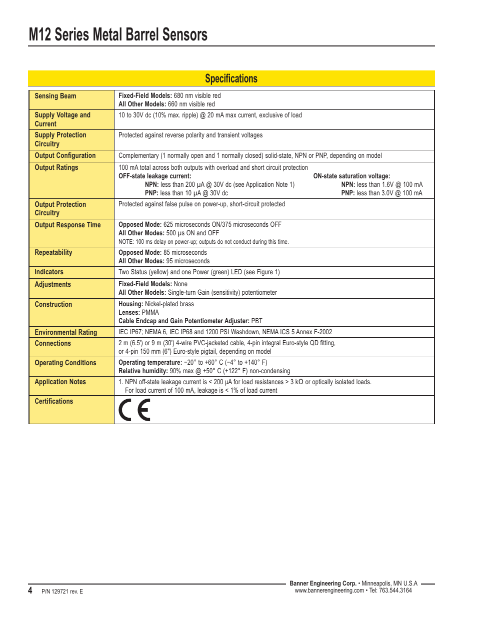 M12 series metal barrel sensors, Specifications | Banner M12 Series—Visible Red LED User Manual | Page 4 / 8