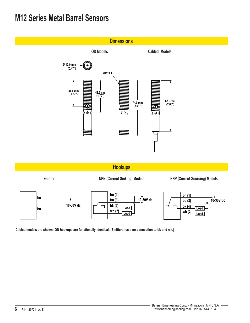M12 series metal barrel sensors, Dimensions, Hookups | Banner M12 Series—Visible Red LED User Manual | Page 6 / 8