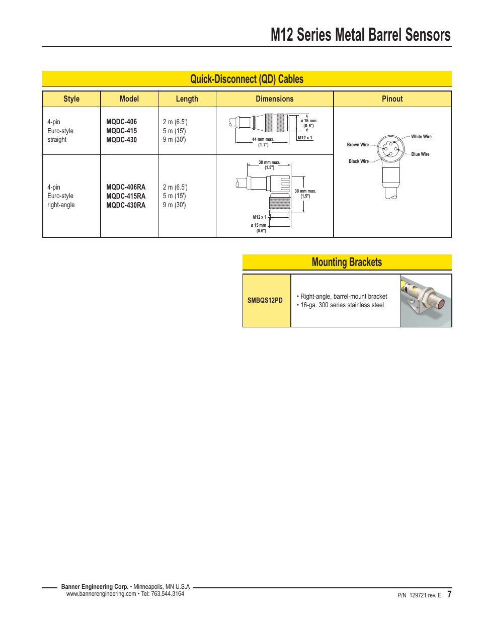 M12 series metal barrel sensors, Quick-disconnect (qd) cables mounting brackets | Banner M12 Series—Visible Red LED User Manual | Page 7 / 8