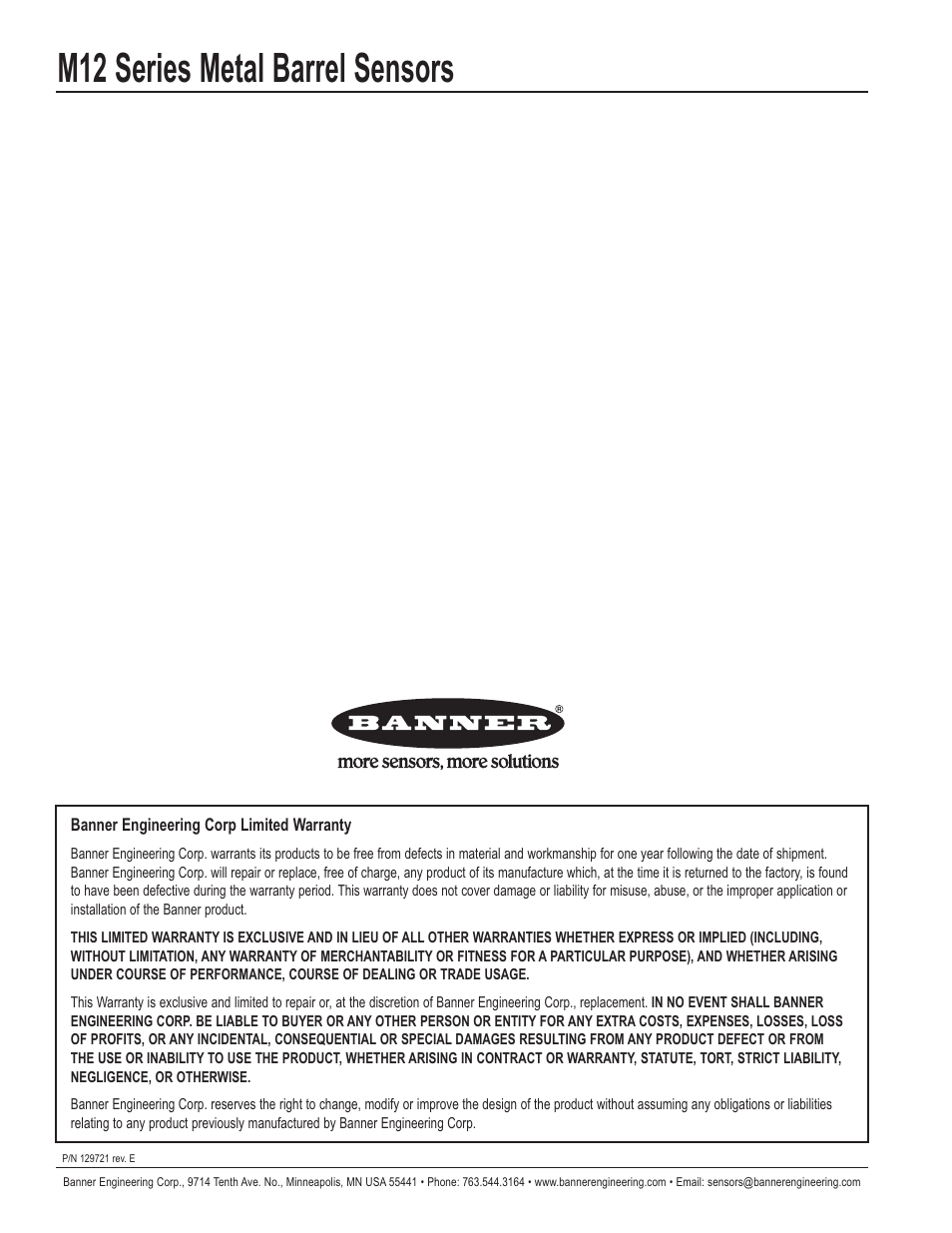M12 series metal barrel sensors | Banner M12 Series—Visible Red LED User Manual | Page 8 / 8