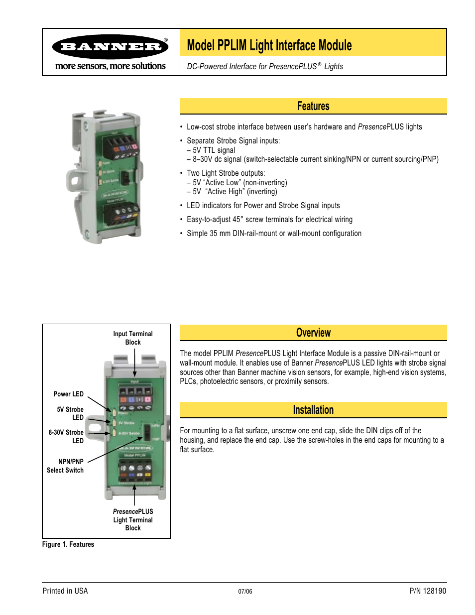 Banner PPLIM Light Interface Module User Manual | 2 pages