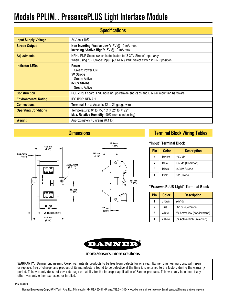 Models pplim.. presenceplus light interface module, Terminal block wiring tables, Dimensions | Specifications | Banner PPLIM Light Interface Module User Manual | Page 2 / 2