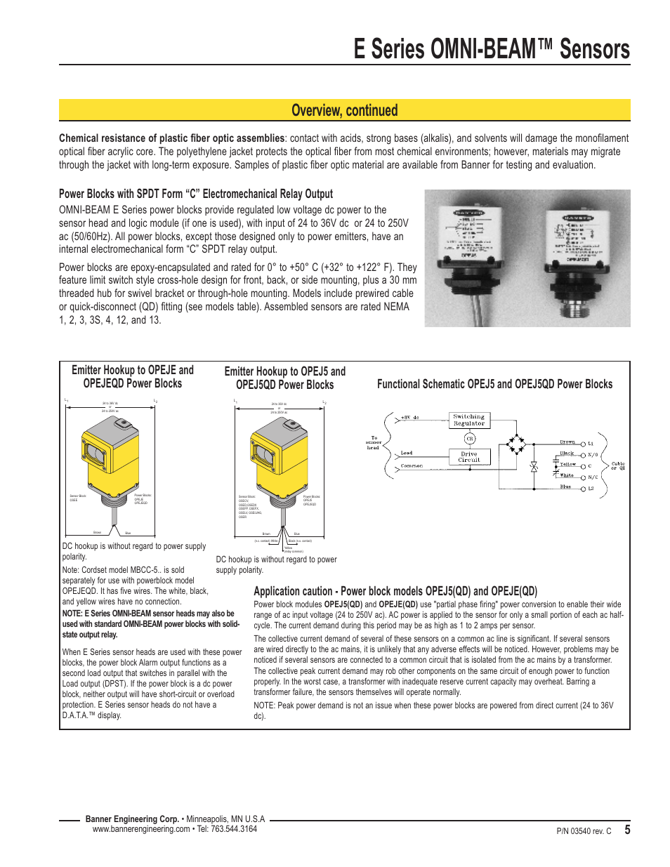 E series omni-beam™ sensors, Overview, continued, Emitter hookup to opeje and opejeqd power blocks | Emitter hookup to opej5 and opej5qd power blocks | Banner OMNI-BEAM Series User Manual | Page 5 / 10