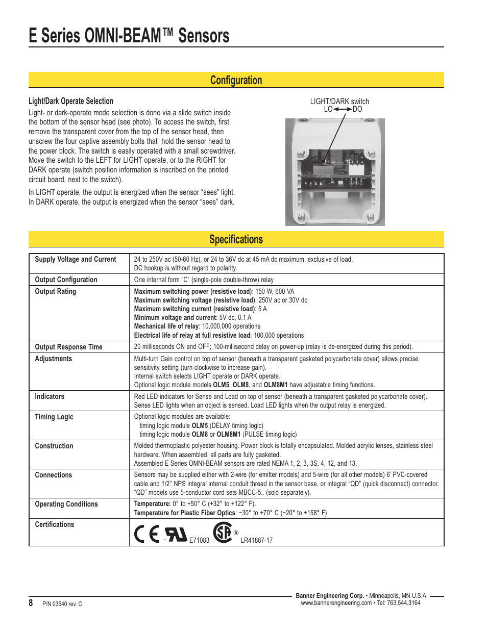 E series omni-beam™ sensors, Specifications, Configuration | Banner OMNI-BEAM Series User Manual | Page 8 / 10