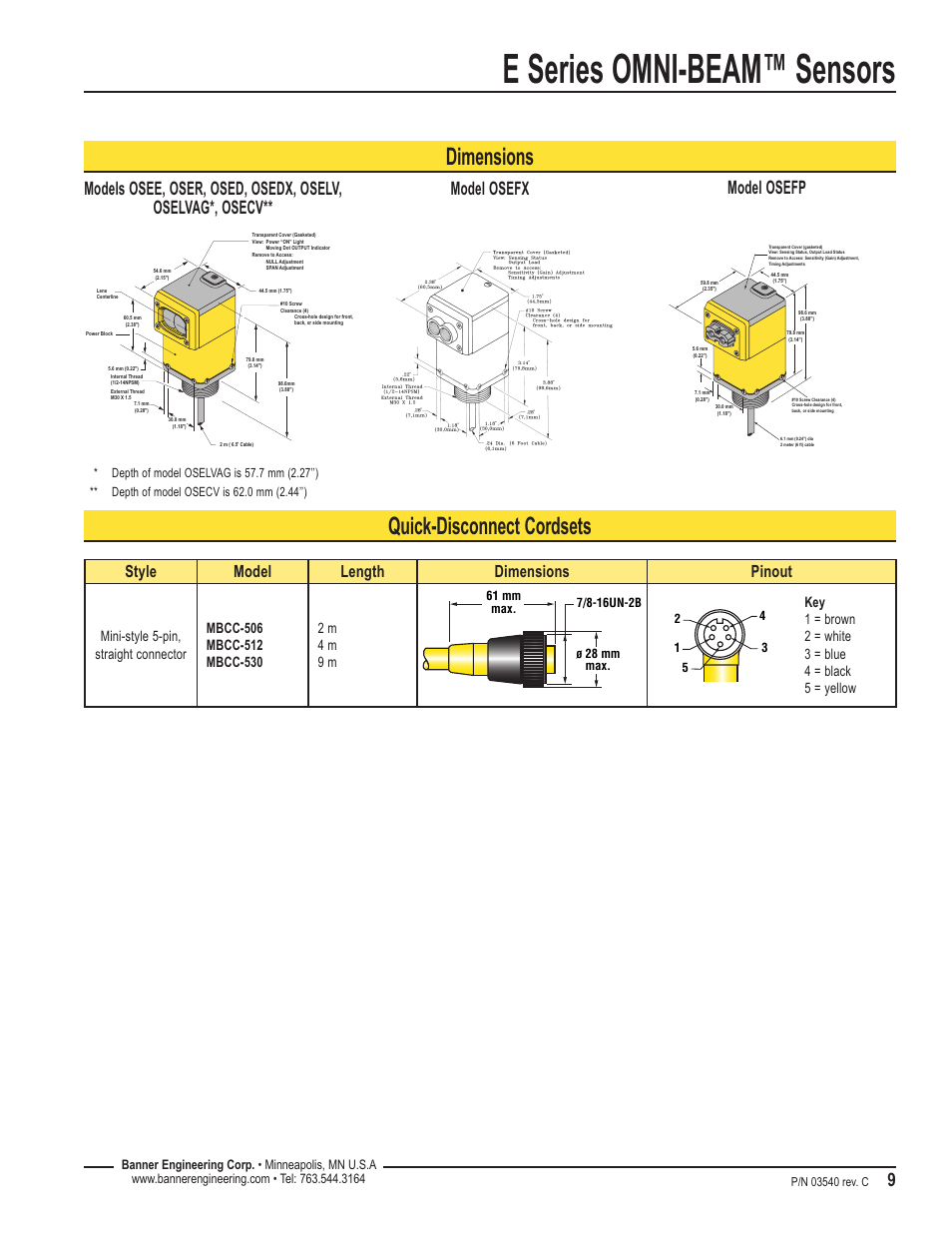 E series omni-beam™ sensors, Quick-disconnect cordsets, Dimensions | Model osefp, Style model length dimensions pinout | Banner OMNI-BEAM Series User Manual | Page 9 / 10