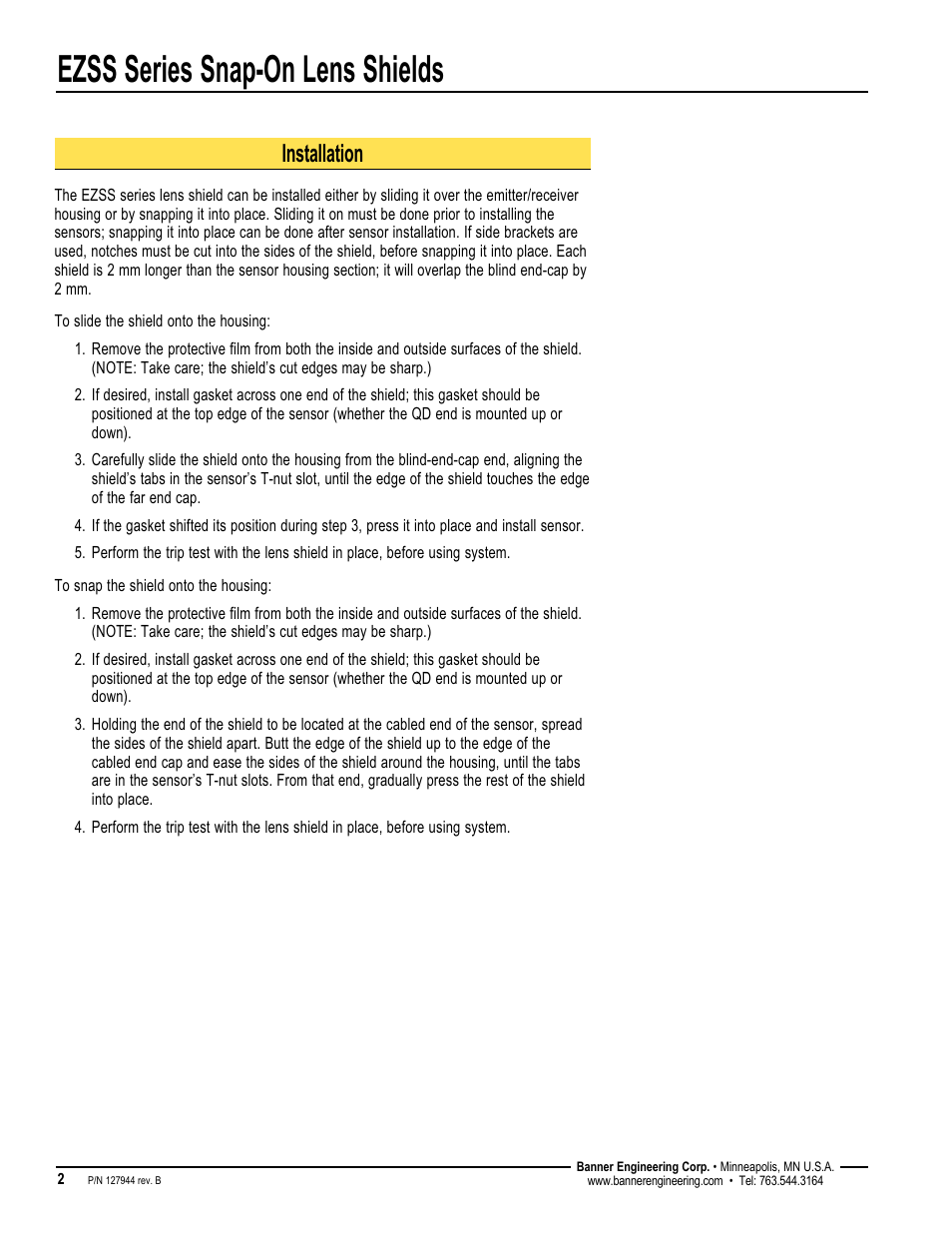 Ezss series snap-on lens shields, Installation | Banner EZ-ARRAY Lens Shields User Manual | Page 2 / 4