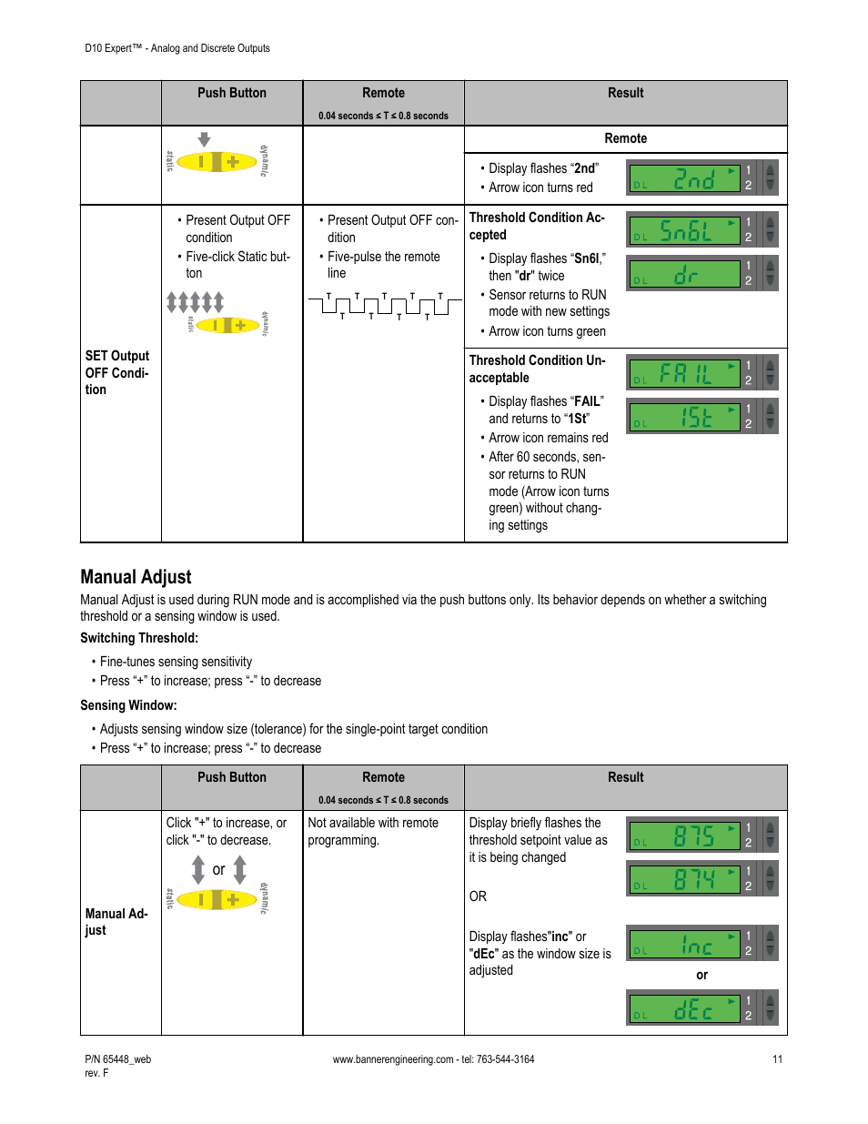 Manual adjust, Ual adjust | Banner D10 Expert with Numeric Display—Discrete User Manual | Page 11 / 19