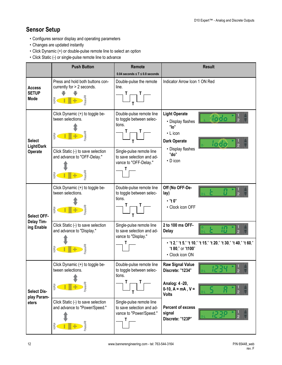 Sensor setup, Status in setup mode (see, Light/dark operate setting (see | Banner D10 Expert with Numeric Display—Discrete User Manual | Page 12 / 19